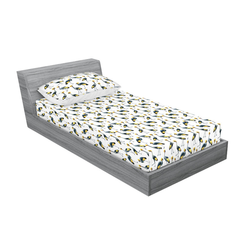 Ambesonne Fitted Sheet & Sham Set, Twin XL Sheet Set with 1 Pillowcase, Yellow/Night Blue Jungle Cranes