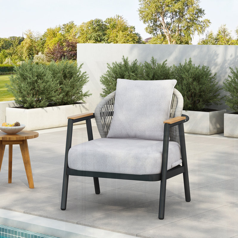 Outdoor Rope Club Chair With Cushion, Gray Cushion/Black Frame