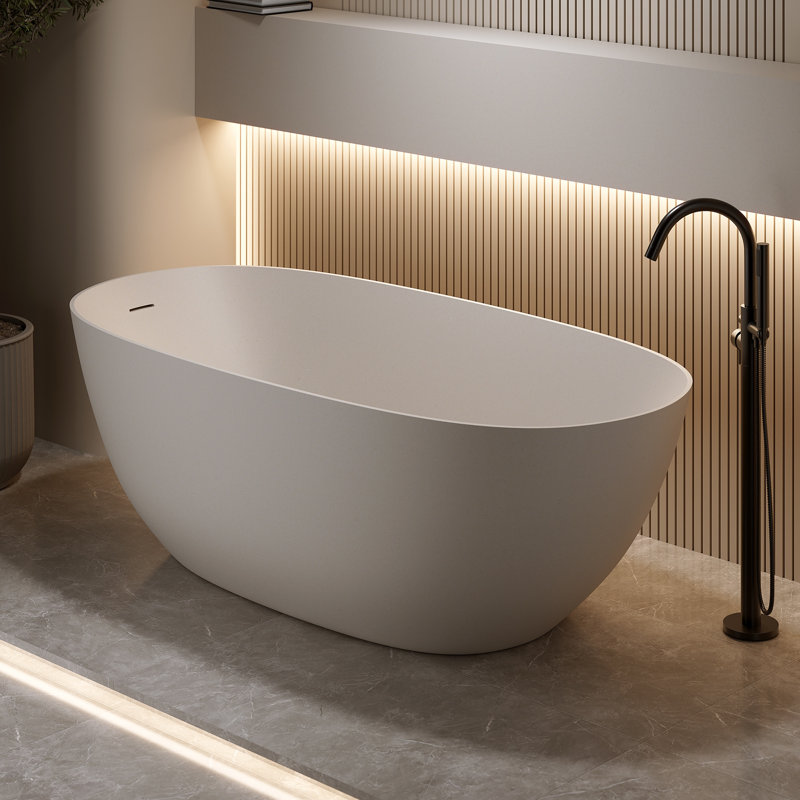 Baignoire de trempage autoportante 57 po, pierre en résine à surface solide, moderne avec trop-plein et bonde escamotable