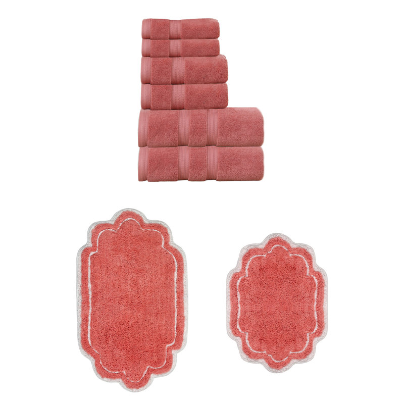 Ensemble de 6 serviettes de bain et de tapis de bain 2 pièces Talbert, 100% coton doux (ensemble de 8), Corail