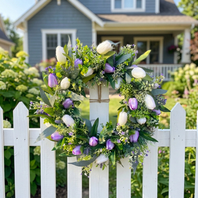 Couronne de printemps / été 18 pouces pour porte d'entrée, couronne de tulipes mauves