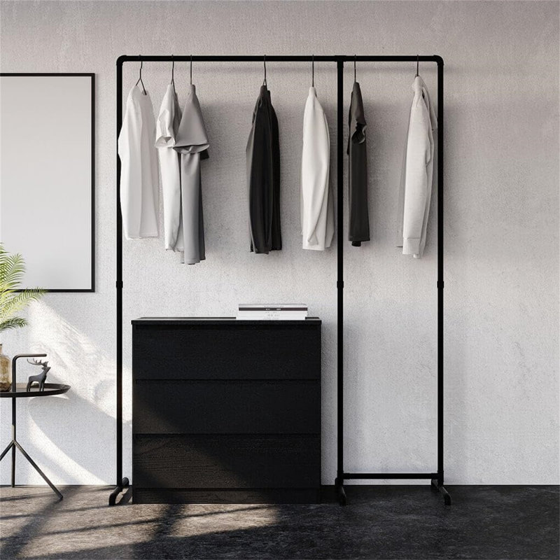 Black Industrial Double Rail Clothes Rack with Steel Tubes