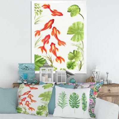 Poisson rouge rétro parmi les feuilles de lotus - peinture sur toile