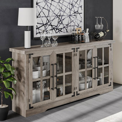 Buffet en bois de ferme l 63 po Pfarr avec portes en verre et tablettes réglables, gris