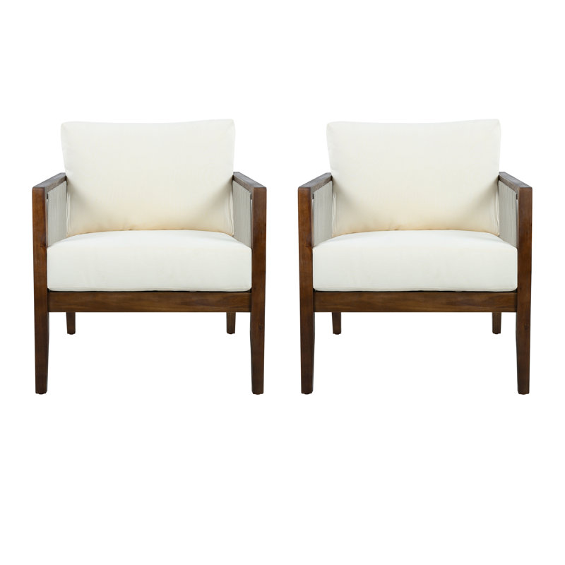 Chaises club d'extérieur (ensemble de 2), structure en bois d'acacia avec dossier en corde, coussins beiges hydrofuges pour patio / cour arrière / terrasse, brun foncé