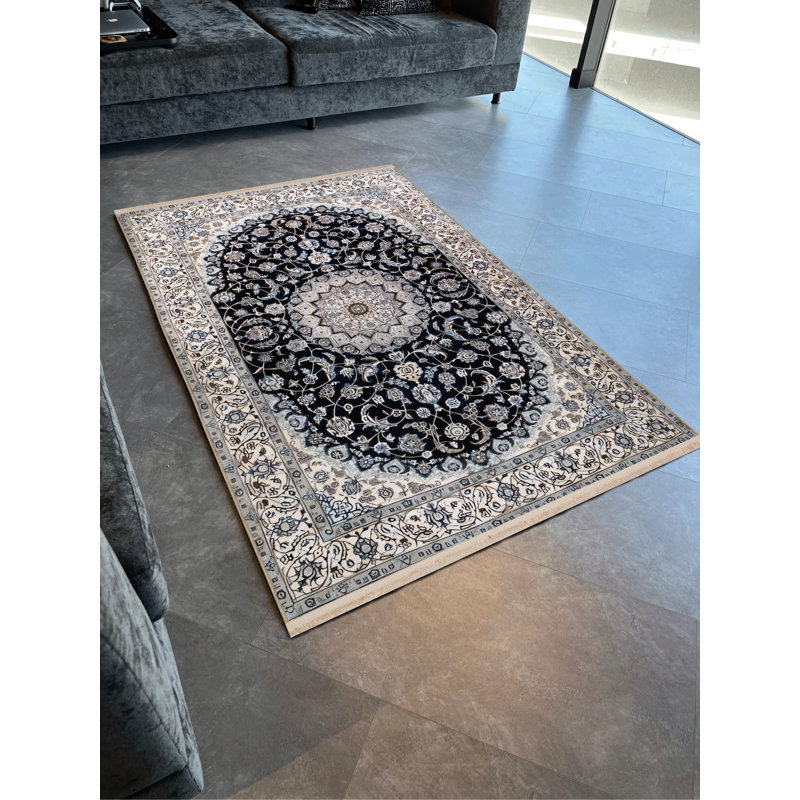 Tapis beige clair et bleu à motifs traditionnels, Rectangle 4 pi 11,06 po x 9 pi 10,11 po