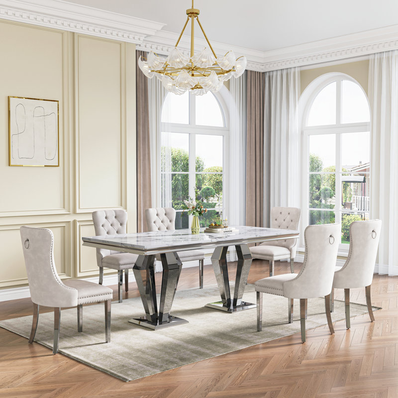 Faux Marble Dining Set With Diamond-shaped Metal Base, White/Silver, 5 Pieces: Table, 4 Chairs, Black/Silver