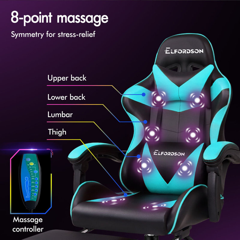 ELFORDSON Adjustable Headrest and Reclining PC & Racing Game Chair, Cyan