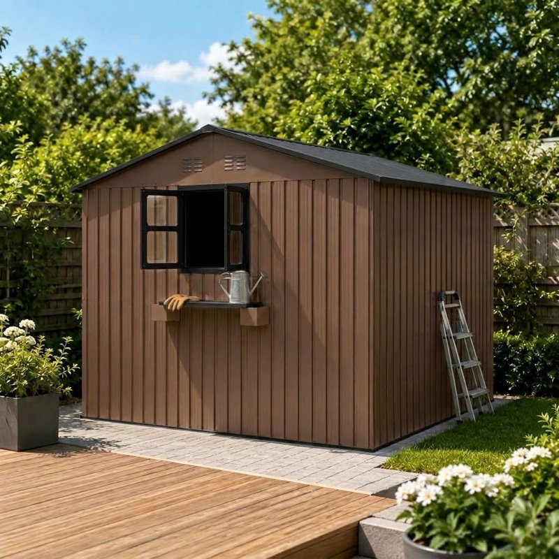 Abri de jardin contemporain en métal étanche avec fenêtres transparentes, étagères à fleurs, construction renforcée et porte verrouillable pour l'organisation des outils de jardin.