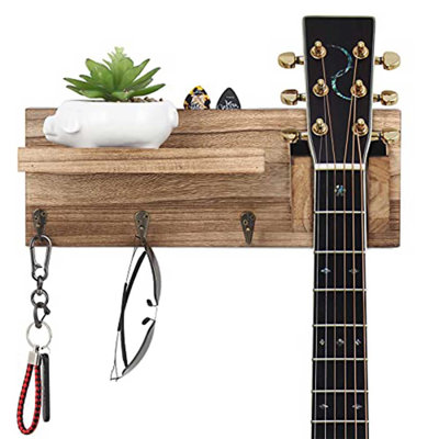 Support mural pour guitare avec tablette de rangement et crochets, support en bois pour guitare électrique acoustique, ukulele, basse, présentoir avec plateau de rangement