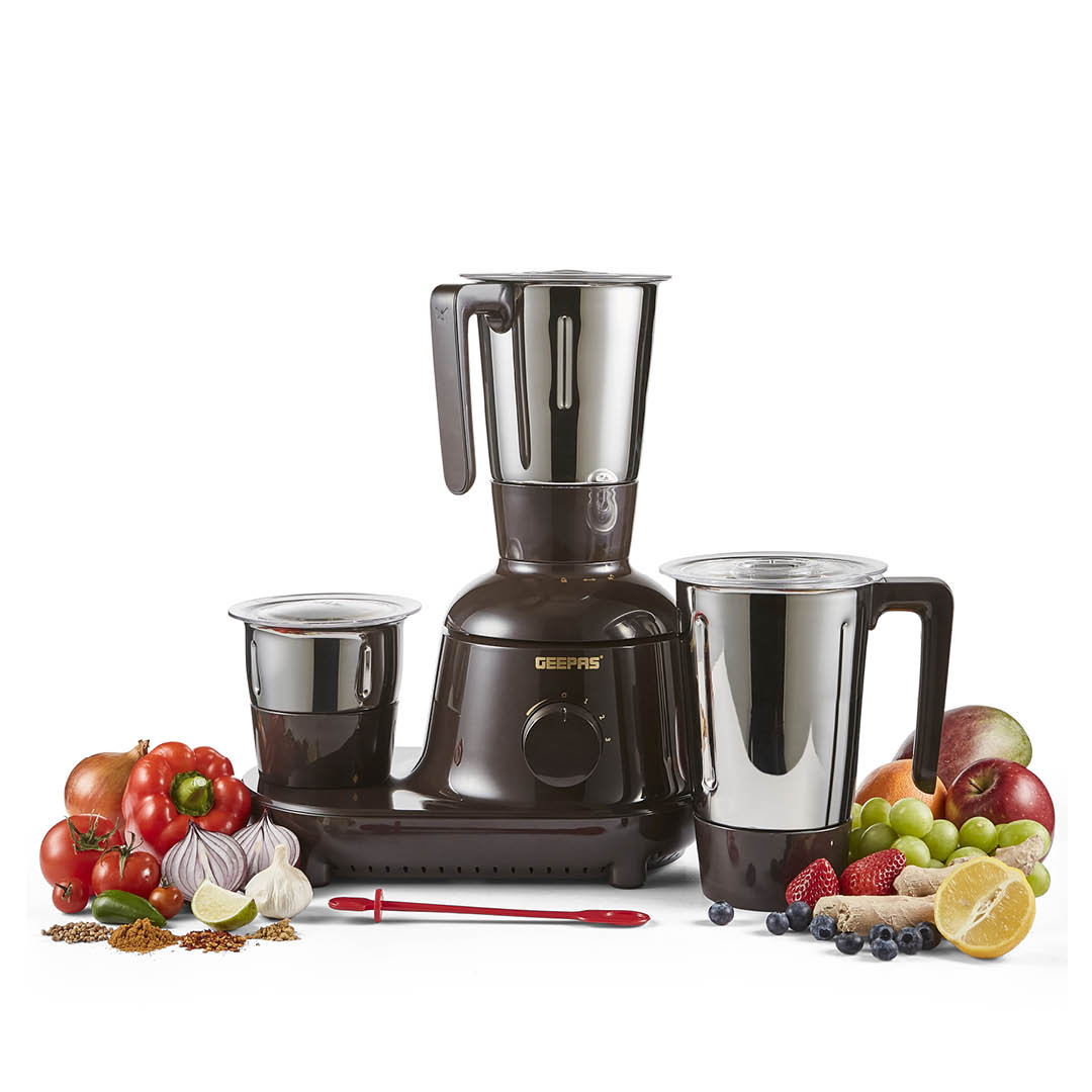 GEEPAS 750W 3-in-1 Mixer Grinder | Stainless Steel Jars, Blades | 3 Speed Control, Perfect for Chutney, Dry & Wet Fine Grinding Mixing, Safety Twist L