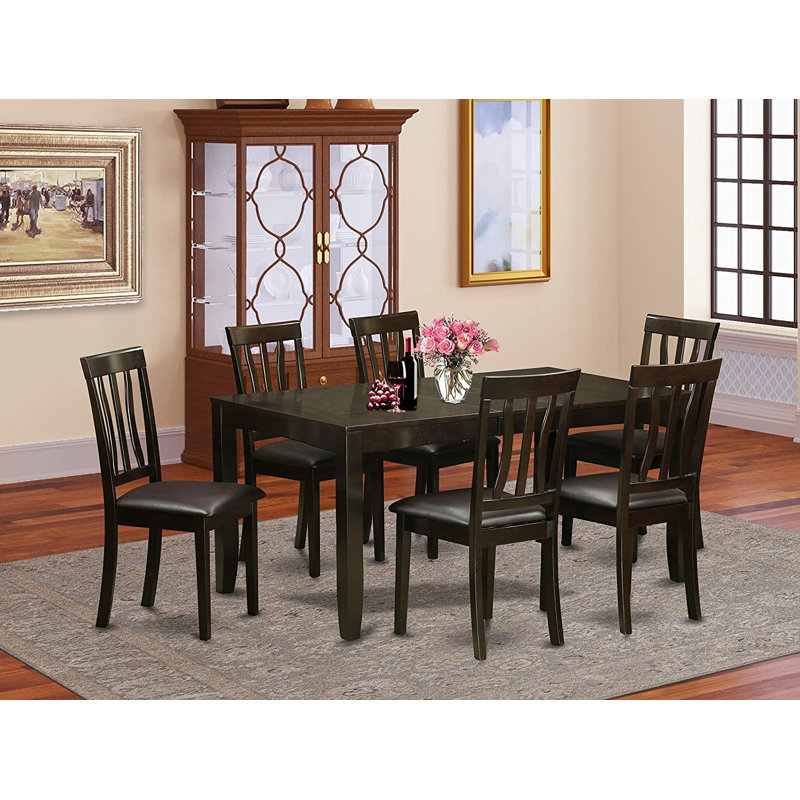 Ensemble de table de salle à manger 7 pièces composé d'une table rectangulaire avec feuille papillon et 6 chaises de salle à manger en similicuir, cappuccino
