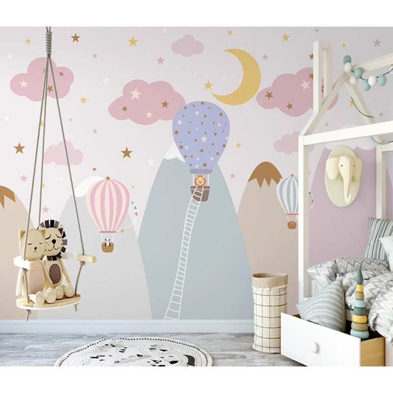Papier peint amovible étoiles, nuages, montgolfière, croissant de lune, montagnes enneigées, L 98,04 po x l 150 po