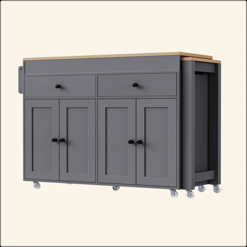 Îlot de cuisine avec table de salle à manger extensible, îlot de cuisine sur roulettes avec support à épices et 2 tiroirs, chariot de rangement de cuisine avec armoire à 4 portes, pour la cuisine, la salle à manger
