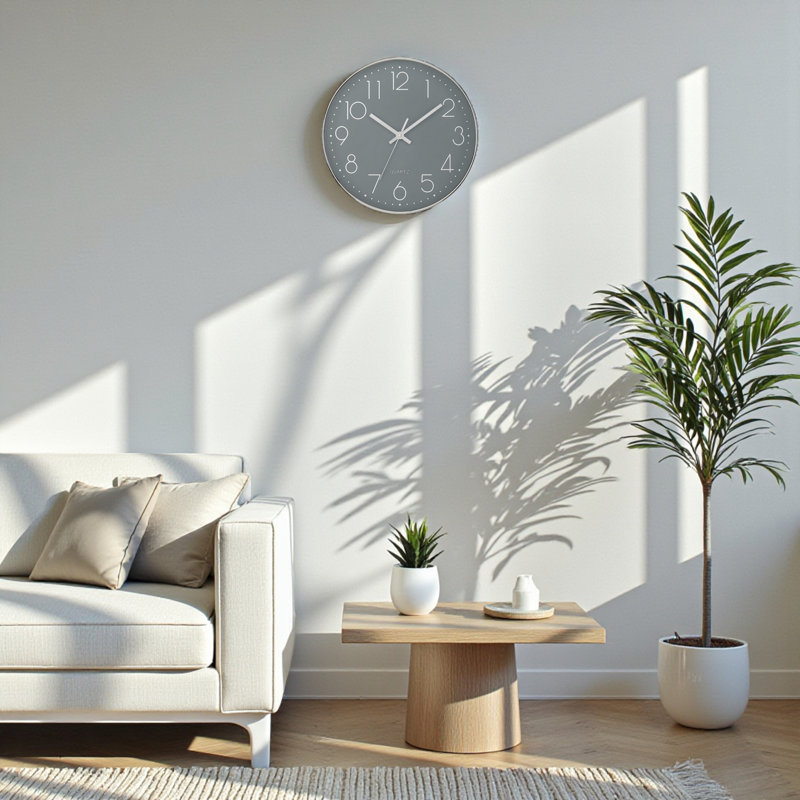 Hestia Round Grey Face Silver Frame Contemporary Modern 12" Wall Clock
