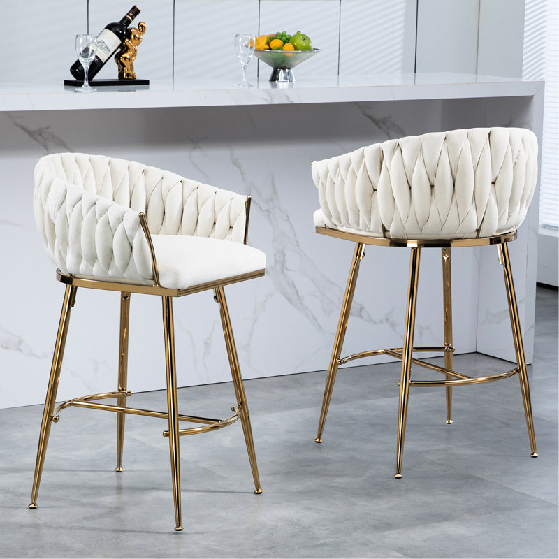 26'' Counter Height Beige Bar Stool With Hand - Wave Back, Golden Footrest, Skin Velvet, High Density Foam Padding, Adjustable Metal Legs, Ideal For Bedroom And Study Back Stool, Chromed Base,