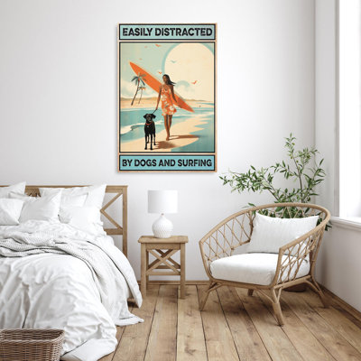 "Easy Facilement distrait par les chiens et le surf" - 1 pièce "Facilement distrait par les chiens et le surf" - 1 pièce, impression sur toile tendue sur toile tendue