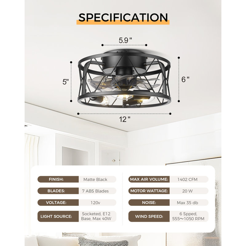 12 Inch Farmhouse Caged Ceiling Fan With Remote Control, Matte Black, Matte Black