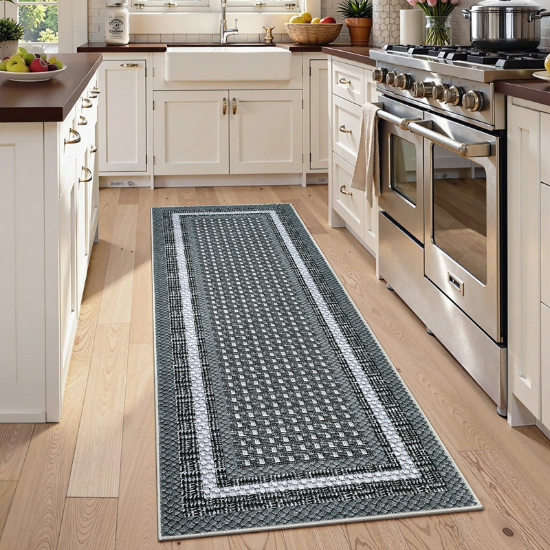 2x6 Braided Print Runner Rug for Hallway WashableModern Bordered Bedroom Carpet for Bathroom Entryway Laundry Black Grey