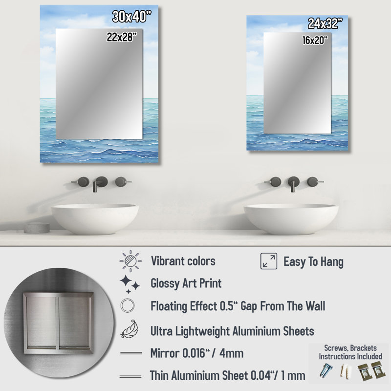 Oceans Infinity Dreamscape V - Minimalism Decorative Mirror, Blue Wall Mirror, Printed Metal Art, 32" x 24"
