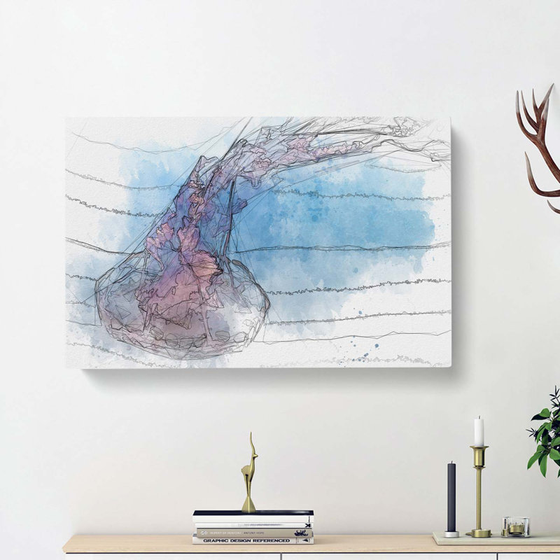 Pink and Blue Jellyfish in Abstract - Wrapped Canvas Drawing - Wrapped Canvas, 40cm H x 60cm W x 3cm D
