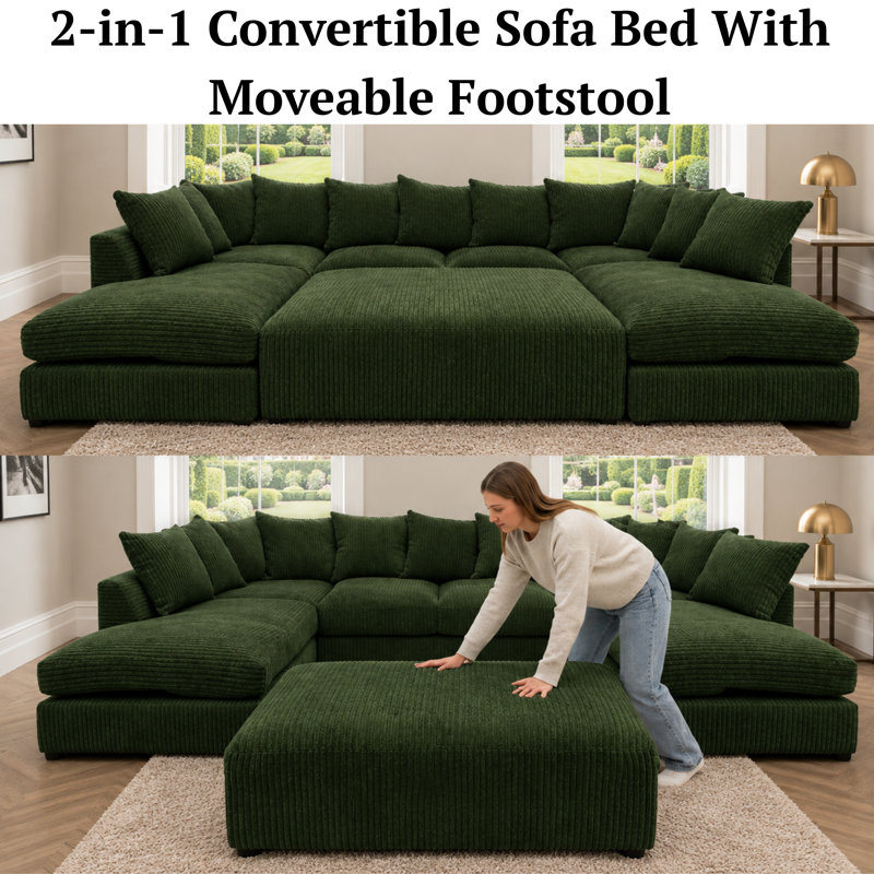 7 Seater Corduroy Sofa Bed, Green