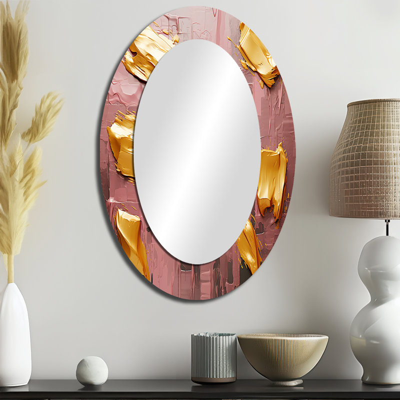 «Celebrating Destiny» - Miroir décoratif abstrait oval sur métal abstrait doré et rose III, 36 po x 24 po