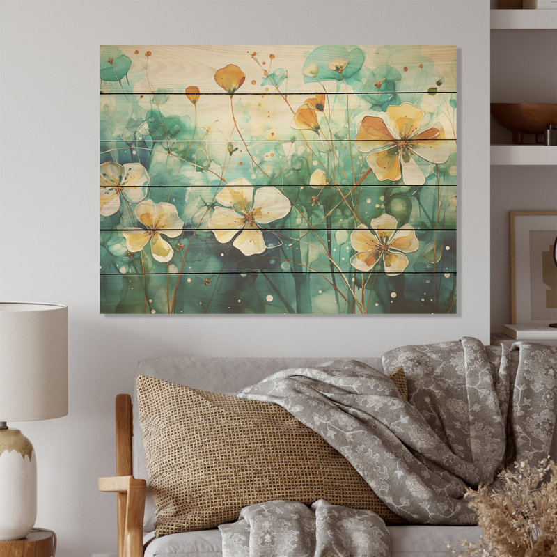Élégance florale beige botanique transparente - Art sur bois de pin naturel, H 24 po x l 32 po