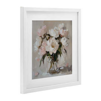 Pivoines roses dans un vase transparent, reproduction sous verre, design par Gina Kelly