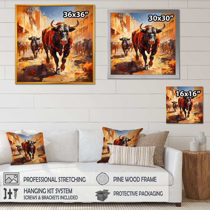 «Brown Rodeo Buffalo In Espagne», art mural animaux, H 30 po x l 30 po x P 1,5 po, Cadre doré simple