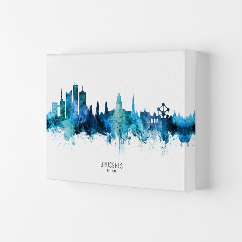 Brussels Belgium Skyline Blue City Name by Michael Tompsett - Print, 21cm H x 29.7cm W x 4cm D, Wrapped Canvas