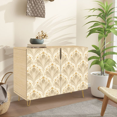 Sideboard Buffet Cabinet with Storage Elegant Beige Gold Floral Art Deco Style with 2 Doors for Living Room and Kitchen