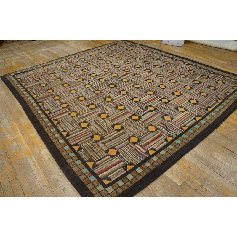 Square Room Size Antique Geometric American Folk Art Basket Weave Design Hooked Rug