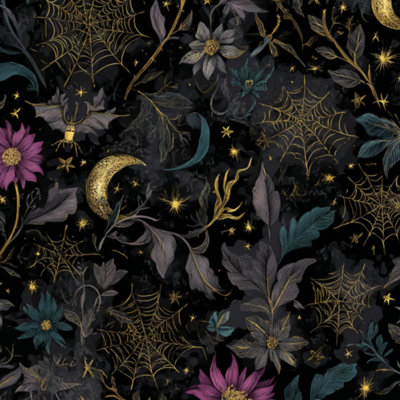 Peel and Stick Wallpaper Dark Botanical Spiderwebs Stars Moon Gothic Style Contact Paper Removable Self Adhesive Wall Mural Wall Decor for Bedroom Kitchen Cabinets 17.7in x 118in