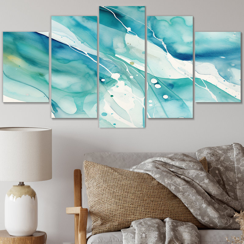 «Turquoise Waves Impressions Of Infinity II», reproduction d'art abstraite murale - 5 panneaux
