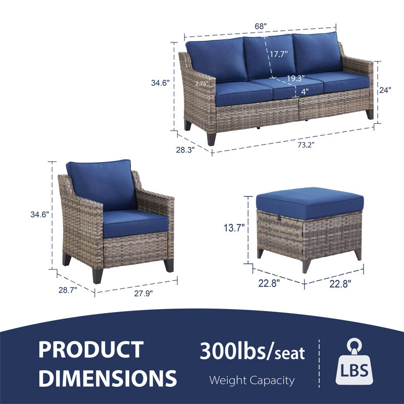 7 - Person Outdoor Wicker Patio Conversation Furniture Sofa Set With Ottomans, 4 Pieces:Sofa, Chair, 2 Ottoman, Blue