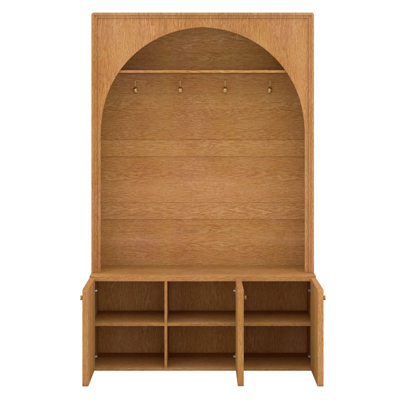 Arched Hall Tree With Storage Bench, 4 Golden Hooks, Entryway Bench With 3 Cabinets And Adjustable Shelves, Natural/Teak