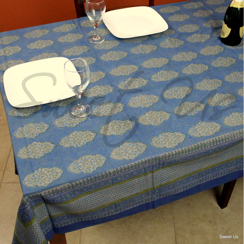 Block Print Diamond Cotton Tablecloth, 104" L x 88" W, Blue