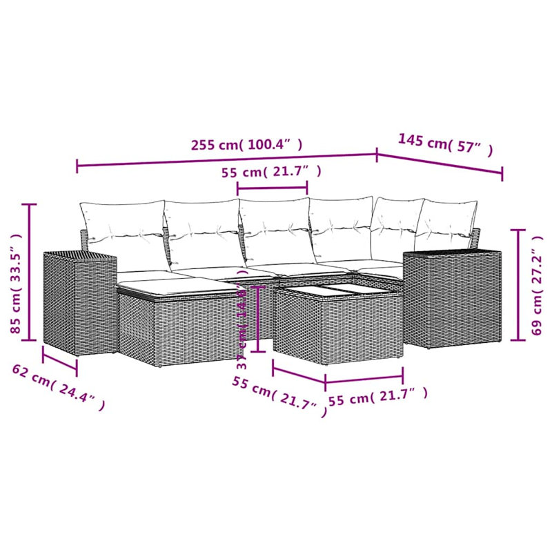 Ensemble de canapé de patio 7 pièces avec coussins en rotin de polyester, Bleu clair, Noir