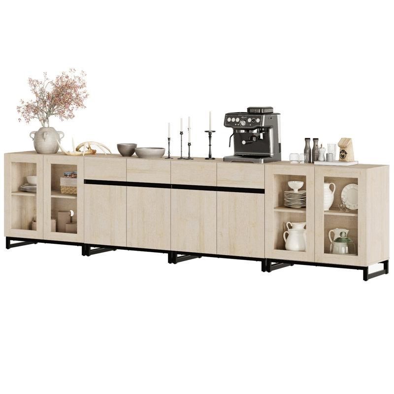 Commode moderne avec tablettes réglables, armoire de rangement 4 en 1 avec portes en verre pour la chambre à coucher, Beige