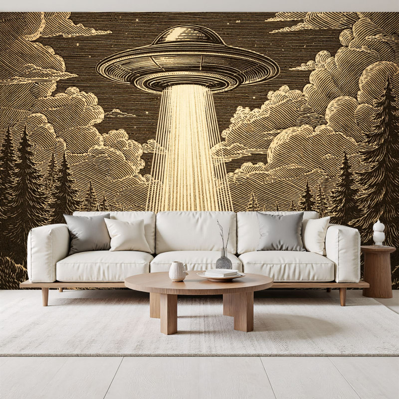 Papier peint auto-adhésif UFO Beam Forest Sunset Art, L 96 po x l 69 po