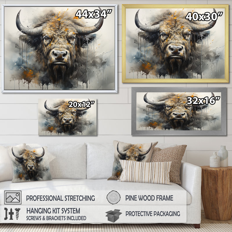 Buffalo Bison Head I - Buffalo, art mural, H 30 po x l 40 po x P 1,5 po, Cadre flottant doré