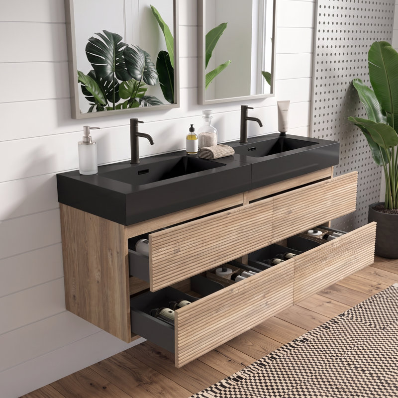 Meuble-lavabo mural moderne 48 po en chêne avec lavabo à surface solide noir mat d'ingénierie, tiroirs souples (24 po * 2)