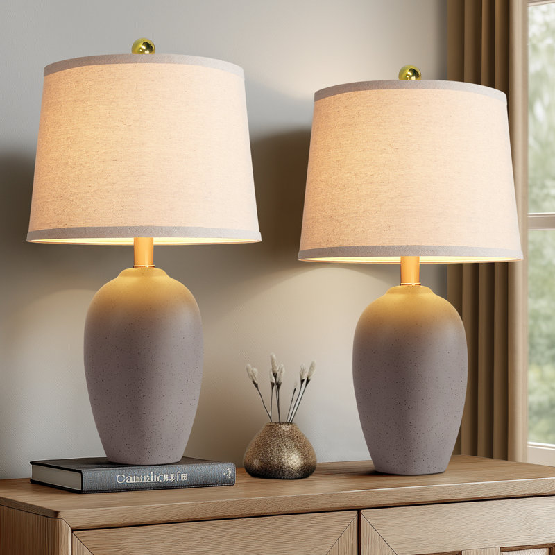 21"Modern Farmhouse Ceramic Table Lamps With Linen Shades,  LED Bulbs Included (Set Of 2)
