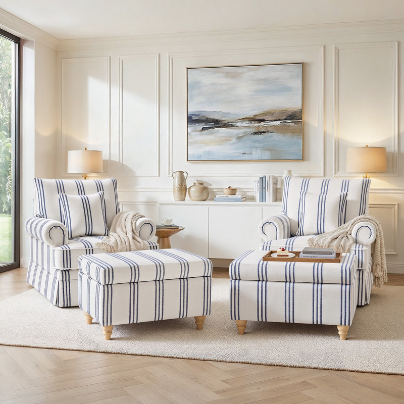 Ensemble de 2 chaises pivotantes à accoudoirs roulés avec repose-pieds Mercury, Navy Striped