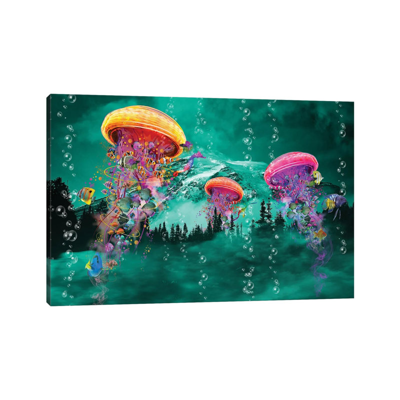 Electric Jellyfish In Front Of A Mountain by David Loblaw - Print on Canvas, 30.48 cm H x 45.72 cm W, Wrapped Canvas