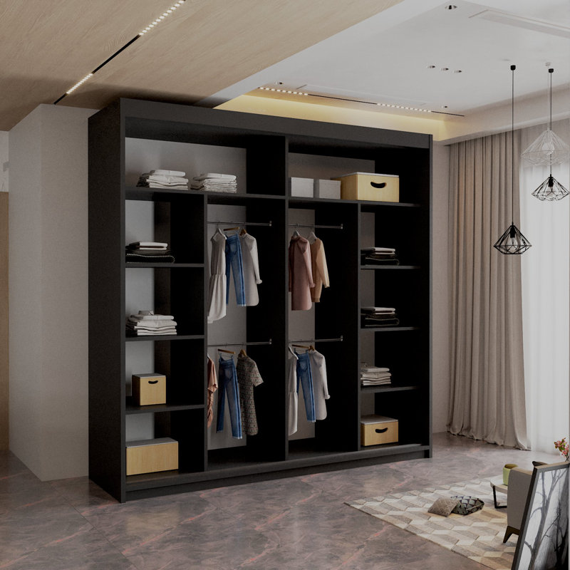 Sliding Wardrobe with Mirror Modern Bedroom 4 Colours 3 Sizes, Black, 217cm H x 203cm W x 62cm D