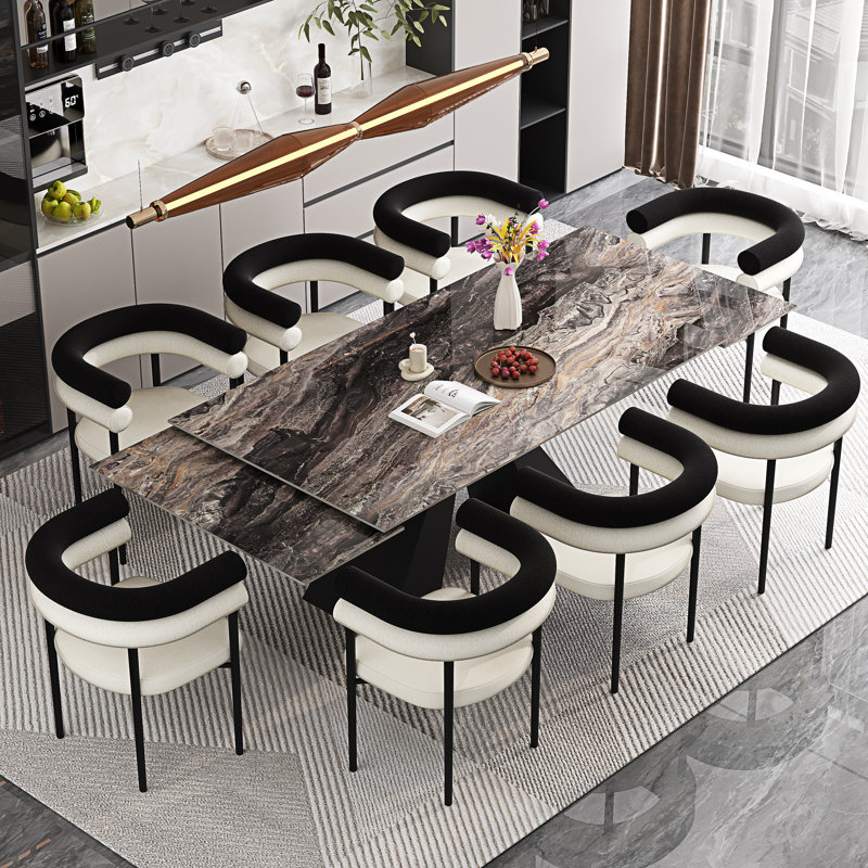 110.24'' Extendable Dining Table Set With Faux Marble Sintered Stone Top & 8 Boucle Fabric Upholstered Dining Chairs