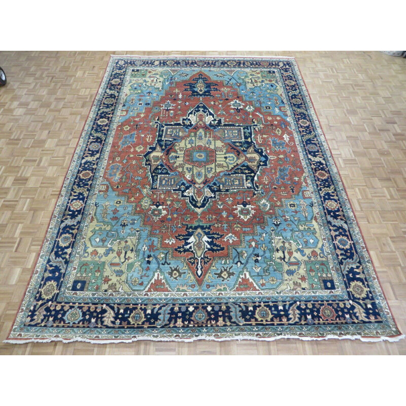 Médaillon Serapi antique noué à la main orange / bleu clair / vert clair / ivoire, Rectangle 4 pi x 5 pi 10 po