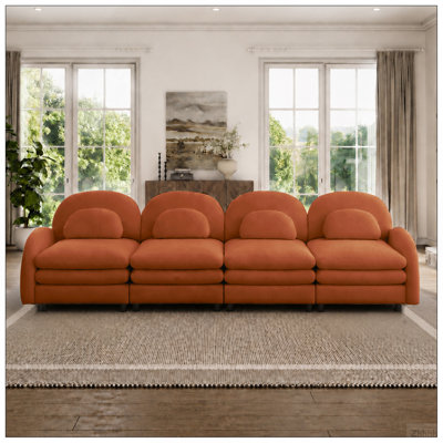 Teddy Fabric Soft Cloud-like 4-Seat Sofa,Curved Backrest and Armrest with Curved Lumbar Pillows, Modular 4 Seater Couch with Supportive Double-layer cushion, Camel